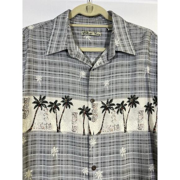 VTG Men’s Silk Button Down Hawaiian Shirt L Gray Pocket Polynesian Batik Bay - Picture 2 of 10